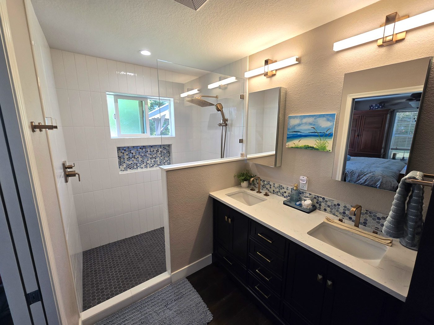 Modern Sacramento bathroom with double vanity and walk-in shower Modern Sacramento bathroom with double vanity and walk-in shower