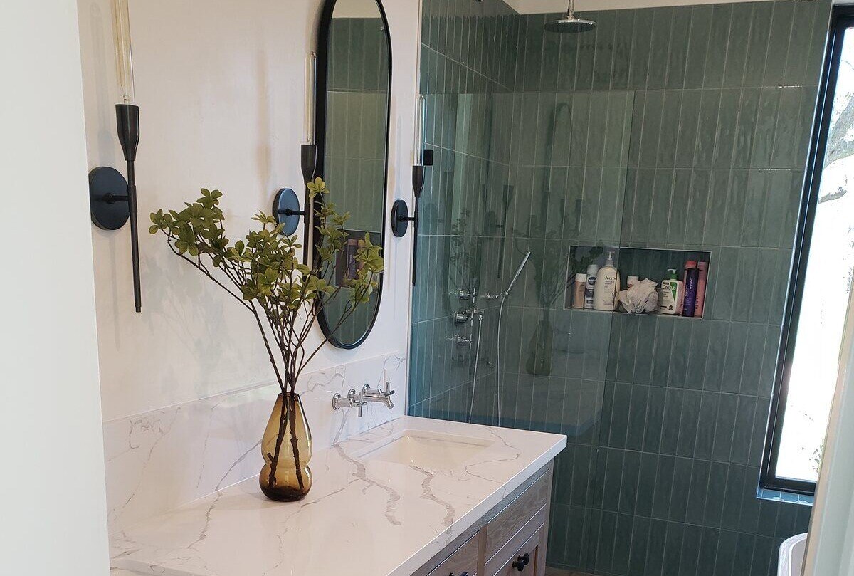 Contemporary bathroom remodel with green tiled shower and wood vanity by H&H Builds in Sacramento, CA Contemporary bathroom remodel with green tiled shower and wood vanity by H&H Builds in Sacramento, CA