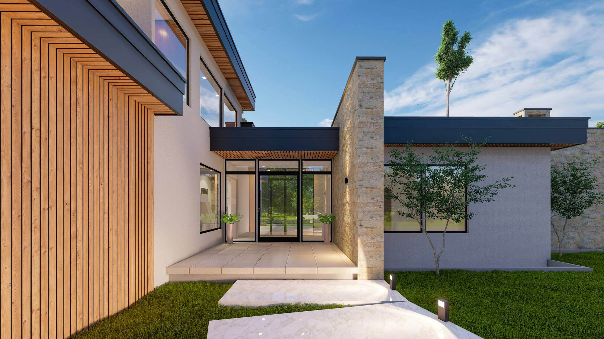 Contemporary custom home entryway featuring wood siding, stone accents, and glass doors by H&H Builds in Sacramento, CA