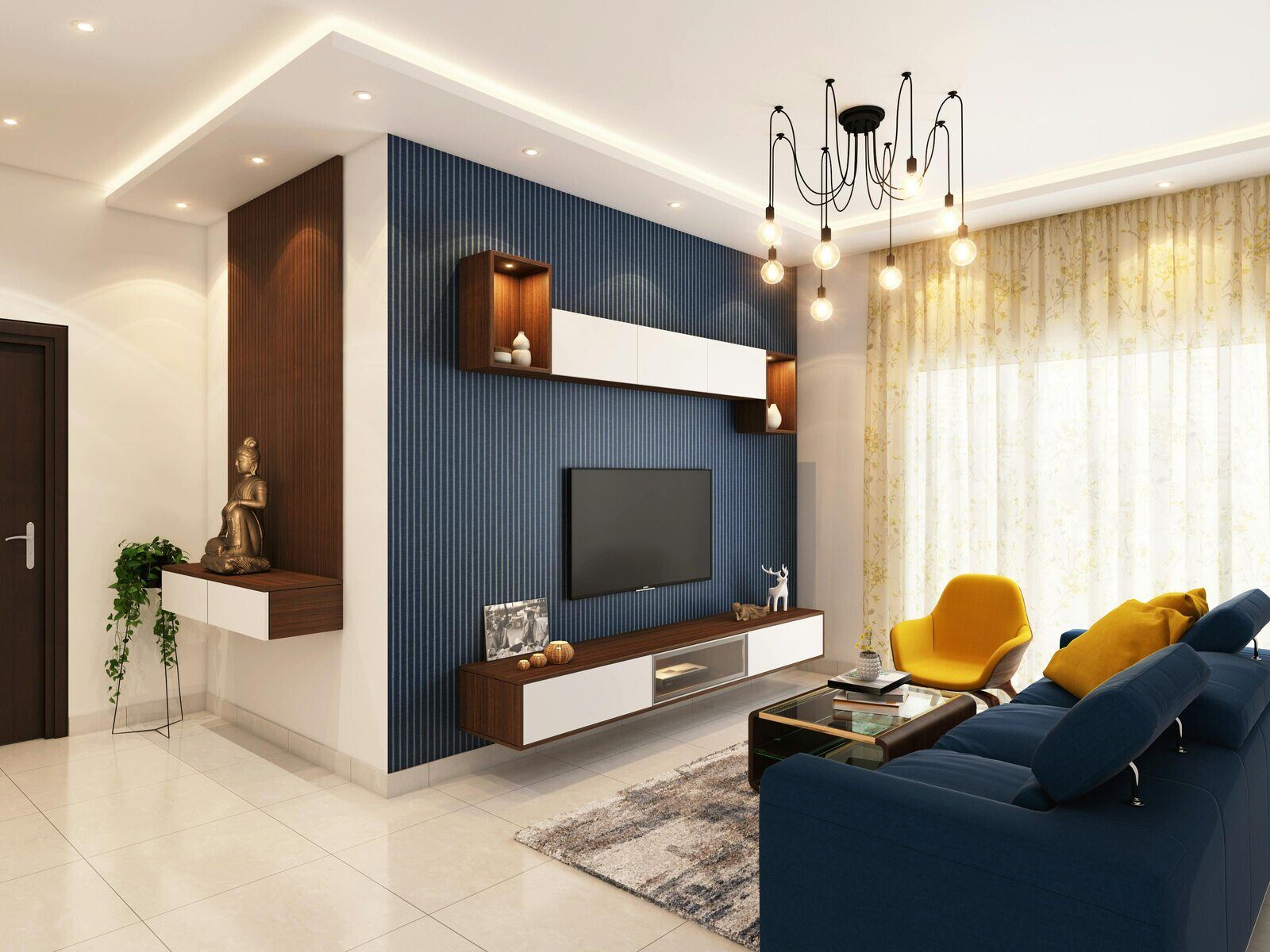 Modern living room with a navy blue sectional, gold lighting, and contemporary decor by H&H Builds in Sacramento, CA