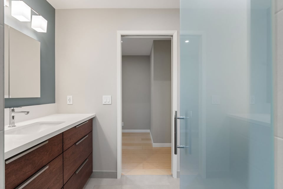 Glass shower door and sleek vanity in modern Sacramento bathroom