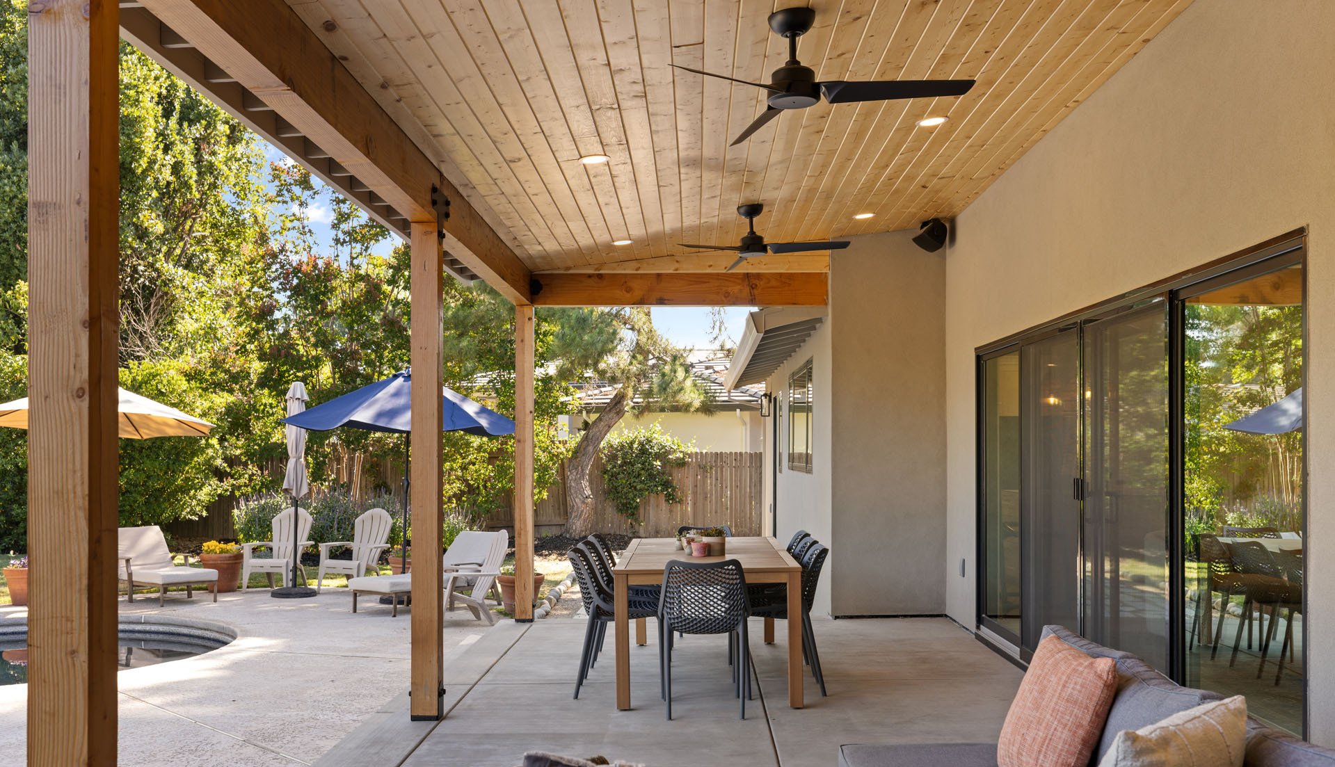 Stunning covered outdoor dining patio area in a Sacramento, CA home remodel.