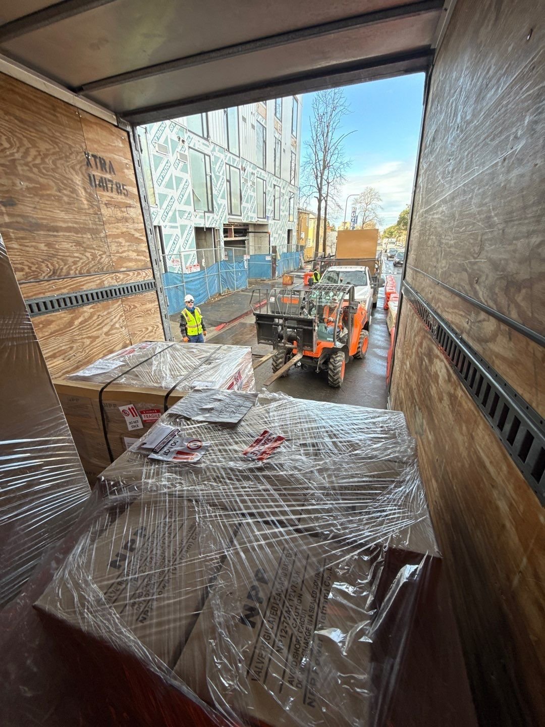 View out of a truck with packaged materials.