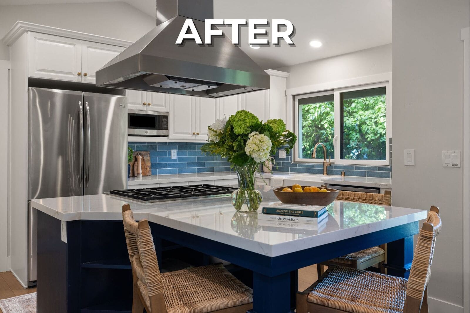 After - Updated kitchen with white cabinets, navy island, blue tile backsplash, stainless appliances, and quartz countertops. After - Updated kitchen with white cabinets, navy island, blue tile backsplash, stainless appliances, and quartz countertops.