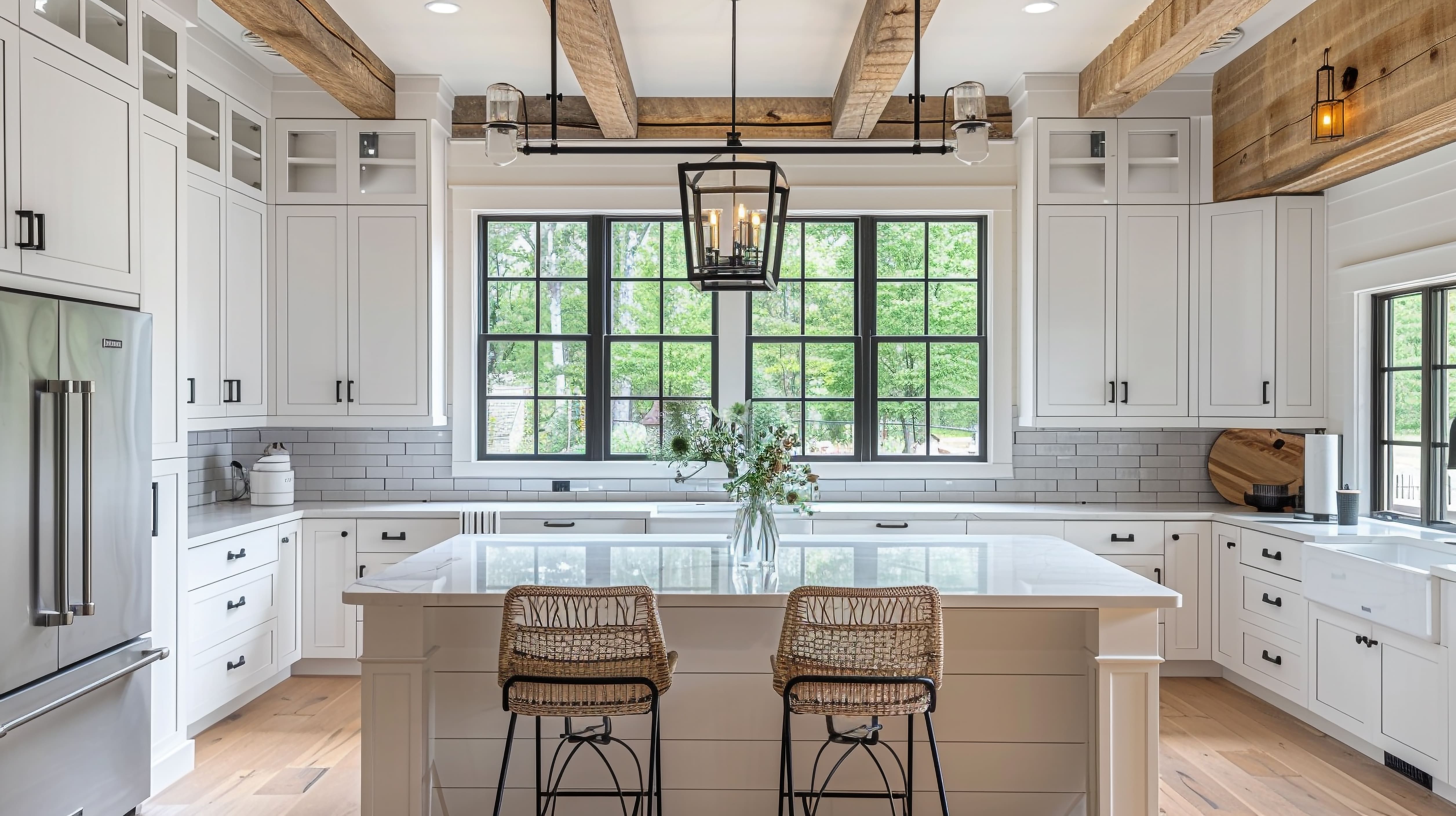 Modern farmhouse kitchen remodel with black window frames and natural wood beams (1)
